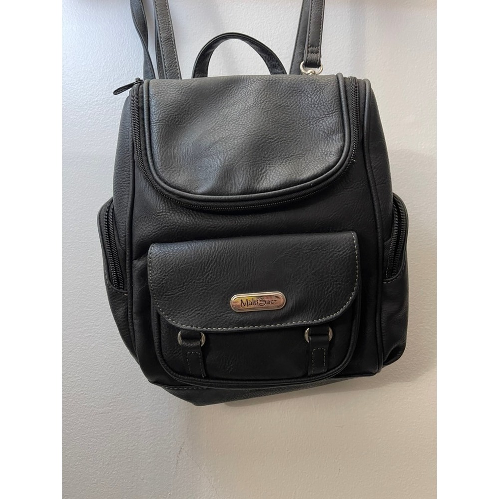 MultiSac Black Vegan Leather Multi-Pocket Backpack Purse Organizer Bag